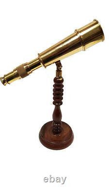 10-3/4 Polished Brass Tabletop Telescope on 9 Rosewood Stand Antique Replica