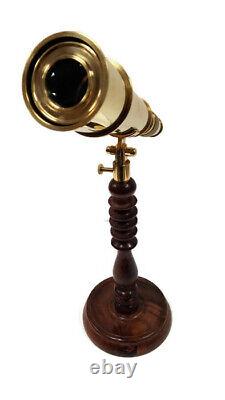 10-3/4 Polished Brass Tabletop Telescope on 9 Rosewood Stand Antique Replica