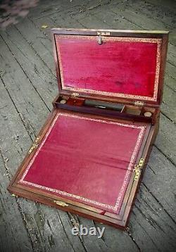 1801 Antique Rosewood & Brass Georgian Captain's Writing Box Hidden Storage