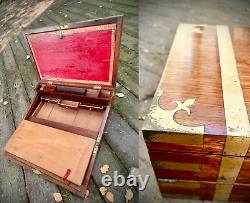 1801 Antique Rosewood & Brass Georgian Captain's Writing Box Hidden Storage