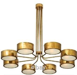 1950 Mid Century Patina Drum Glass Antique Brass Chandelier Industrial Sputnik
