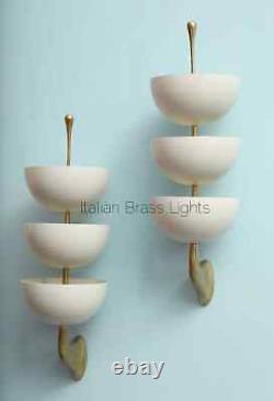 1950's Mid Century Pair Antique Brass White Wall Scone Industrial Diabolo Orb