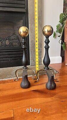 19th Century Antique Brass Ball Andirons with Hand-Forged Billets, Victorian Era