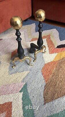 19th Century Antique Brass Ball Andirons with Hand-Forged Billets, Victorian Era