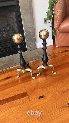 19th Century Antique Brass Ball Andirons with Hand-Forged Billets, Victorian Era