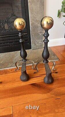 19th Century Antique Brass Ball Andirons with Hand-Forged Billets, Victorian Era