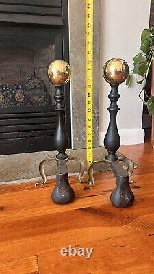 19th Century Antique Brass Ball Andirons with Hand-Forged Billets, Victorian Era