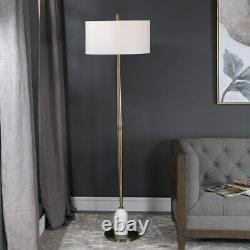 1 Light Floor Lamp Antique Brass/Polished White Marble Finish with White Linen