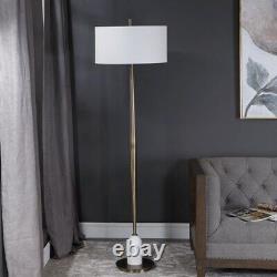 1 Light Floor Lamp Antique Brass/Polished White Marble Finish with White Linen