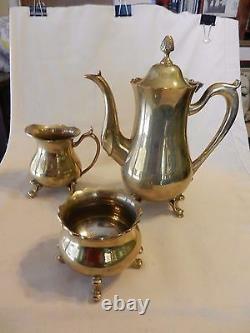 3 Piece Polished Brass Tea Set from India, Tea Pot, Sugar, Creamer