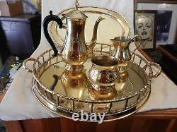 5 Piece Polished Brass Tea Set from India, 2 trays, Tea Pot, Sugar Creamer