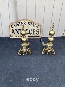 64828 Pair Heavy Polished Brass Fireplace Lion Face Fireplace Mantel Andirons
