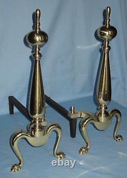 ANTIQUE SOLID POLISHED BRASS & IRON FIREPLACE ANDIRONS FRENCH STYLE EARLY 1900's