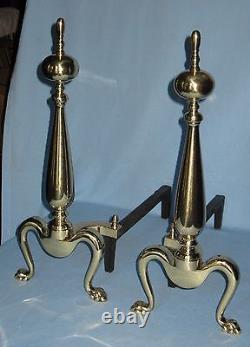 ANTIQUE SOLID POLISHED BRASS & IRON FIREPLACE ANDIRONS FRENCH STYLE EARLY 1900's