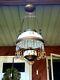 Antique 1890s Hand Painted Hanging Library Oil Lamp With Jewels & Prisms