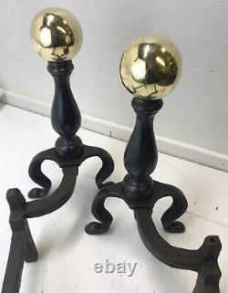 Antique 19th Cent. Brass Ball Andirons Hand Forged Billets SIGNED Victorian, Vtg