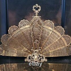 Antique Brass Folding Peacock Fan Fireplace Screen French Victorian Style
