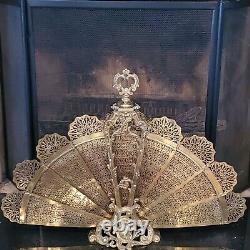 Antique Brass Folding Peacock Fan Fireplace Screen French Victorian Style