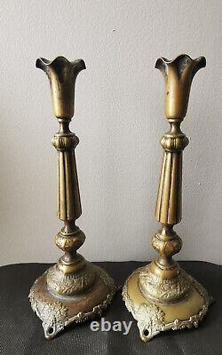 Antique Brass Fraget Polish Shabbat Tulip Candlesticks Judaica 12.5