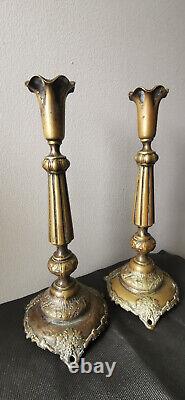 Antique Brass Fraget Polish Shabbat Tulip Candlesticks Judaica 12.5