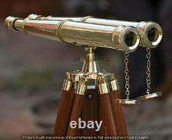 Antique Brass Polished Binocular With Wooden Tripod Stand Maritime Reflex Scope