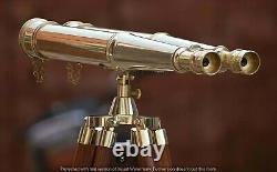 Antique Brass Polished Binocular With Wooden Tripod Stand Maritime Reflex Scope