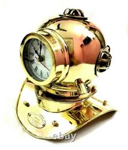Antique Brass Polished Divers Diving Helmet Clock Nautical Home Desk Decorative