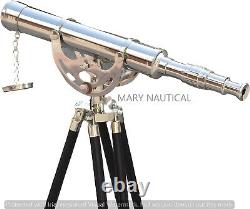 Antique Brass Polished Telescope With Wooden Tripod Stand Single Barrel Scope