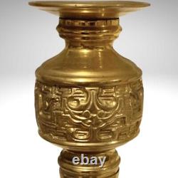 Antique Brass Taotie Mask Pillar Candle Holder Handmade Archaic China 14