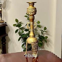 Antique Chinese Brass Pillar Candle Holder Dragon Handles Taotie Mask Design 14