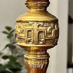 Antique Chinese Brass Pillar Candle Holder Dragon Handles Taotie Mask Design 14