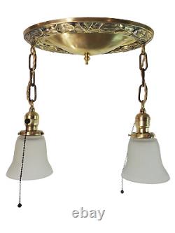 Antique Flush Mount Polished Brass 2-Light Chandelier 1920s