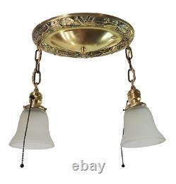 Antique Flush Mount Polished Brass 2-Light Chandelier 1920s