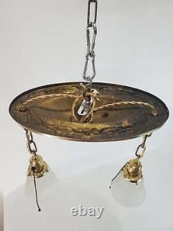 Antique Flush Mount Polished Brass 2-Light Chandelier 1920s