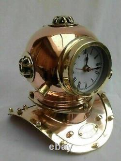 Antique Nautical Decorative Brass Polished Divers Diving Helmet Clock Desk