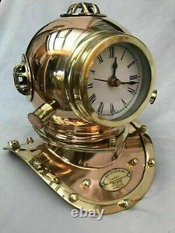 Antique Nautical Decorative Brass Polished Divers Diving Helmet Clock Desk