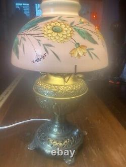 Antique Ornate Brass Oil Lamp & Hand Painted Shade, Non Explosive Lamp Co