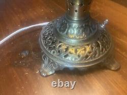 Antique Ornate Brass Oil Lamp & Hand Painted Shade, Non Explosive Lamp Co