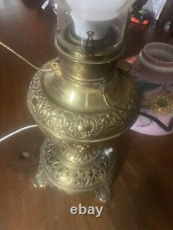 Antique Ornate Brass Oil Lamp & Hand Painted Shade, Non Explosive Lamp Co