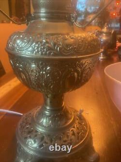 Antique Ornate Brass Oil Lamp & Hand Painted Shade, Non Explosive Lamp Co