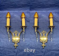 Antique Polished Brass Double Candle Sconces French wheel cut prisms 113D