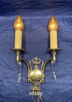Antique Polished Brass Double Candle Sconces French wheel cut prisms 113D