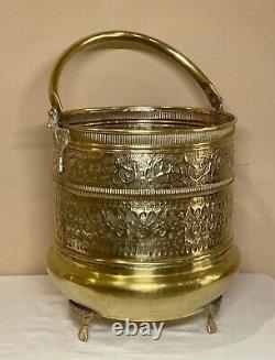 Antique Repoussé Brass Footed Fireplace Bucket Firewood Kindling Log Holder