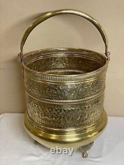 Antique Repoussé Brass Footed Fireplace Bucket Firewood Kindling Log Holder