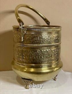 Antique Repoussé Brass Footed Fireplace Bucket Firewood Kindling Log Holder