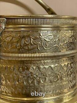 Antique Repoussé Brass Footed Fireplace Bucket Firewood Kindling Log Holder