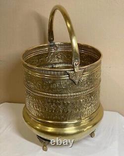 Antique Repoussé Brass Footed Fireplace Bucket Firewood Kindling Log Holder