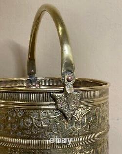 Antique Repoussé Brass Footed Fireplace Bucket Firewood Kindling Log Holder