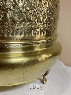 Antique Repoussé Brass Footed Fireplace Bucket Firewood Kindling Log Holder