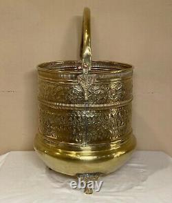 Antique Repoussé Brass Footed Fireplace Bucket Firewood Kindling Log Holder